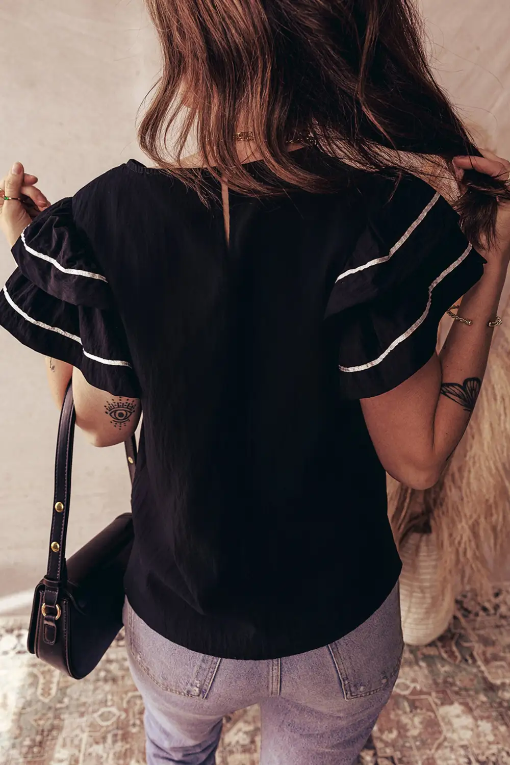 Black Contrast Trim Dual Ruffle Short Sleeve Textured Blouse