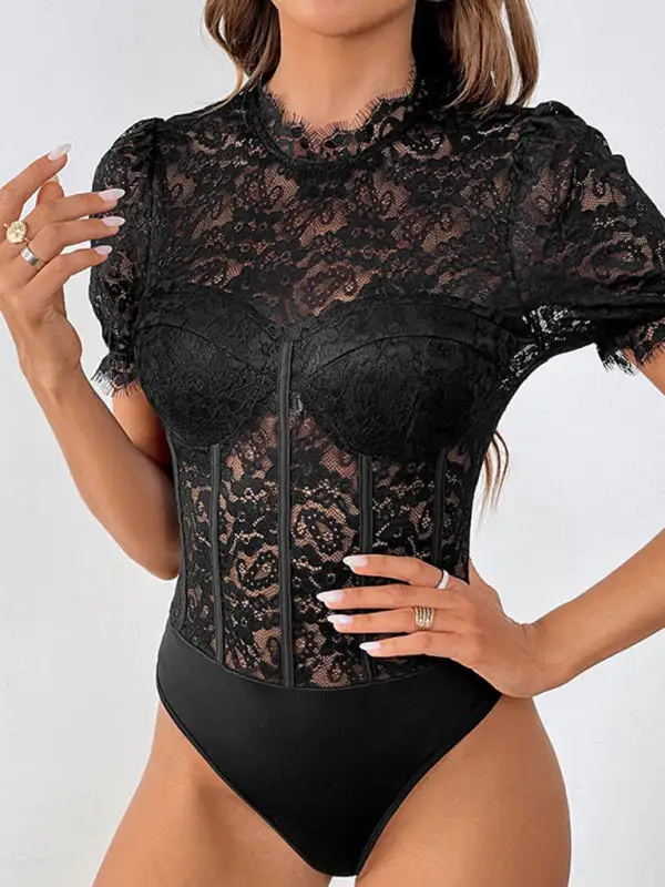 Round Neck Short Sleeve Lace Jumpsuit Shorts