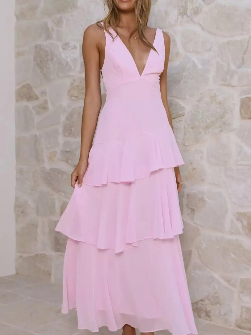 Sleeveless Ruffled Layered Backless Maxi Dress