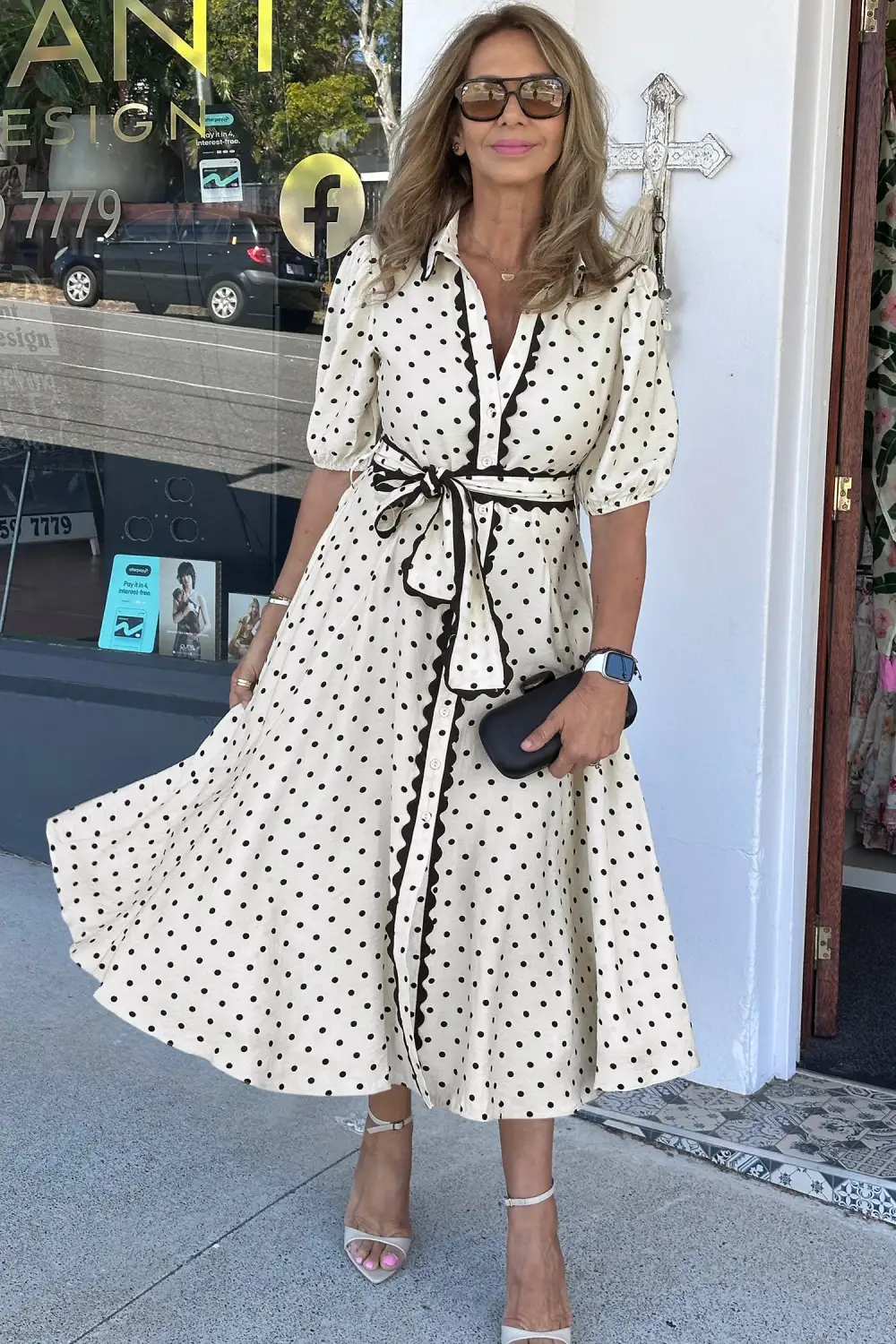 Polka Dot Printed Button Front Midi Dress