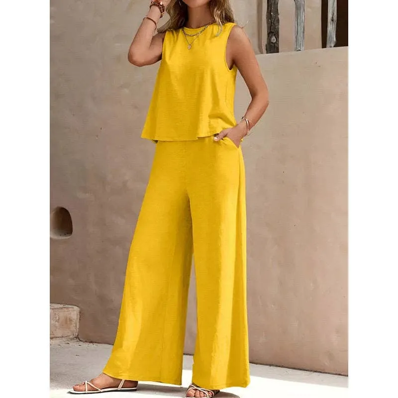 Solid Color Sleeveless Tank Top & Wide-leg Pants Set