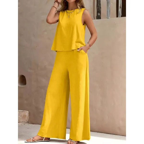 Solid Color Sleeveless Tank Top & Wide-leg Pants Set