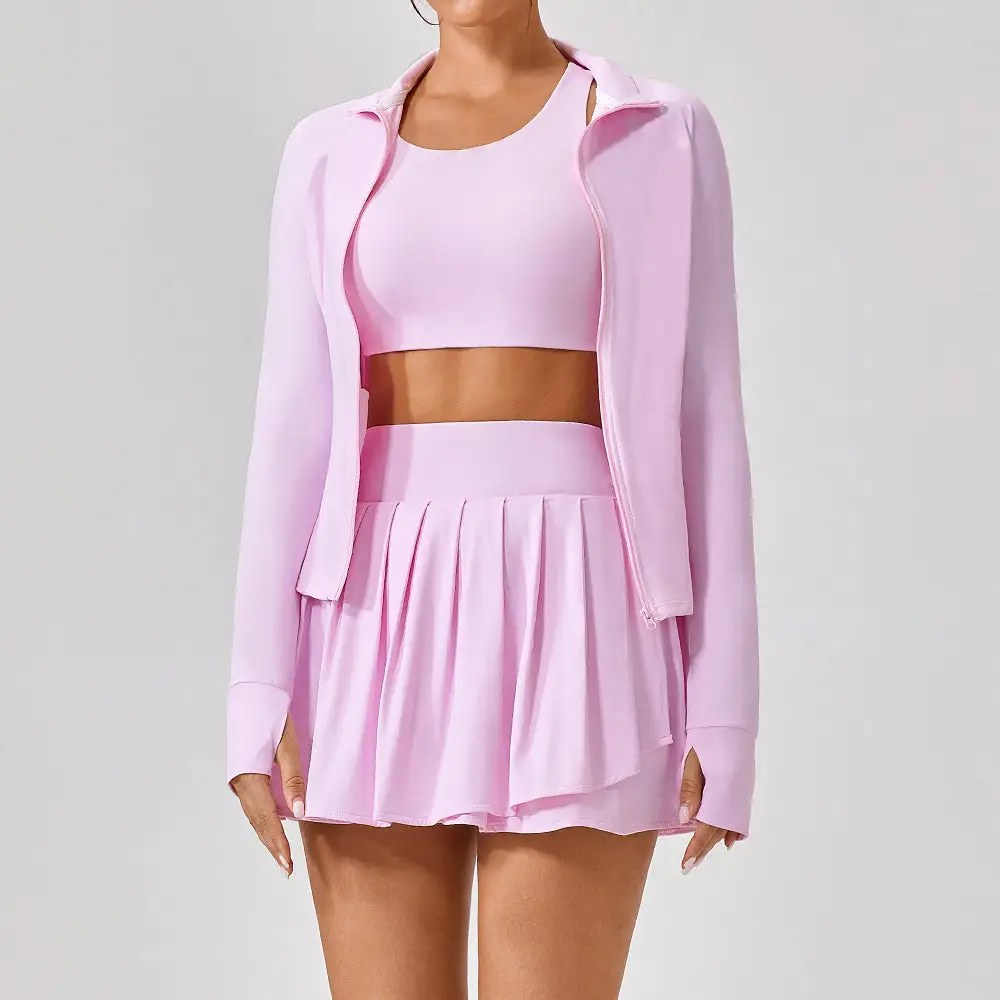 Backless Sleeveless Jacket, Bra and Skort Active Set