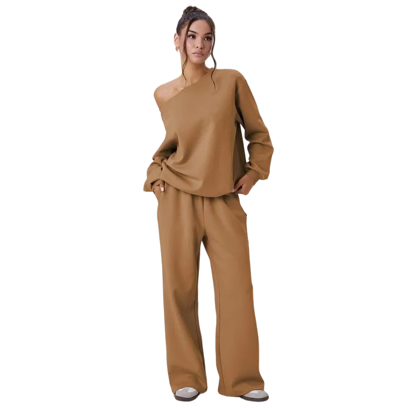 Women's Leisure Solid Color Sloping Shoulder Long Sleeve Top & Wide Leg Trousers