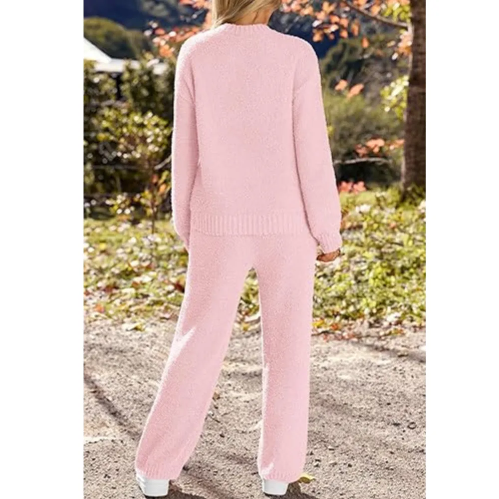 Womens Fuzzy Fleece Long Sleeve 2 Piece Loungewear Outfits Sweater Pants Pajama Sets