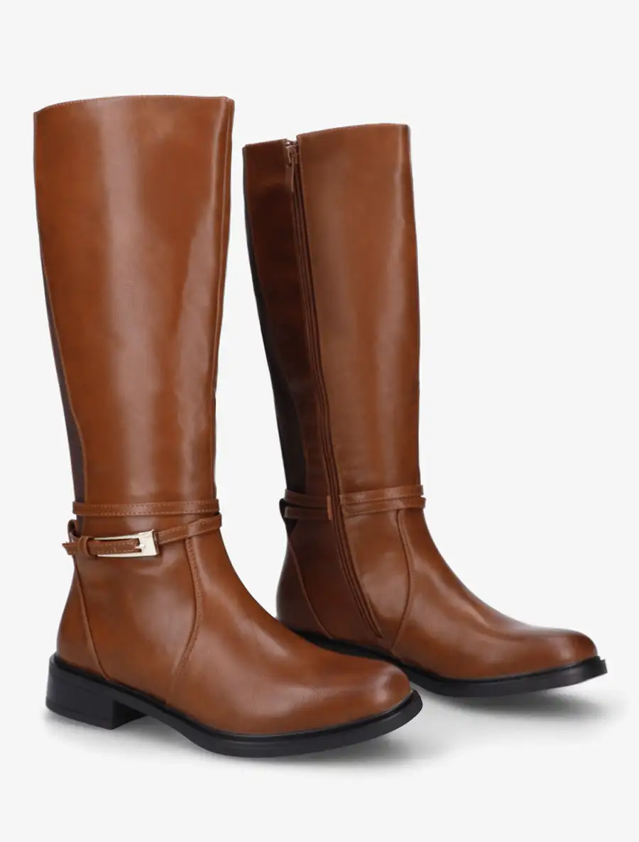 Utility Buckle Detail Block Heel Faux Leather Knee High Boots