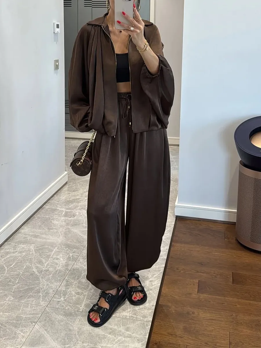 Women's solid color cross-section design casual zipper cardigan & pants set