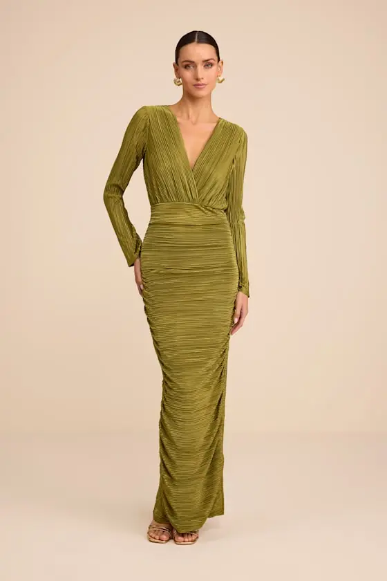 Seren Olive Green Plisse Surplice Maxi Dress