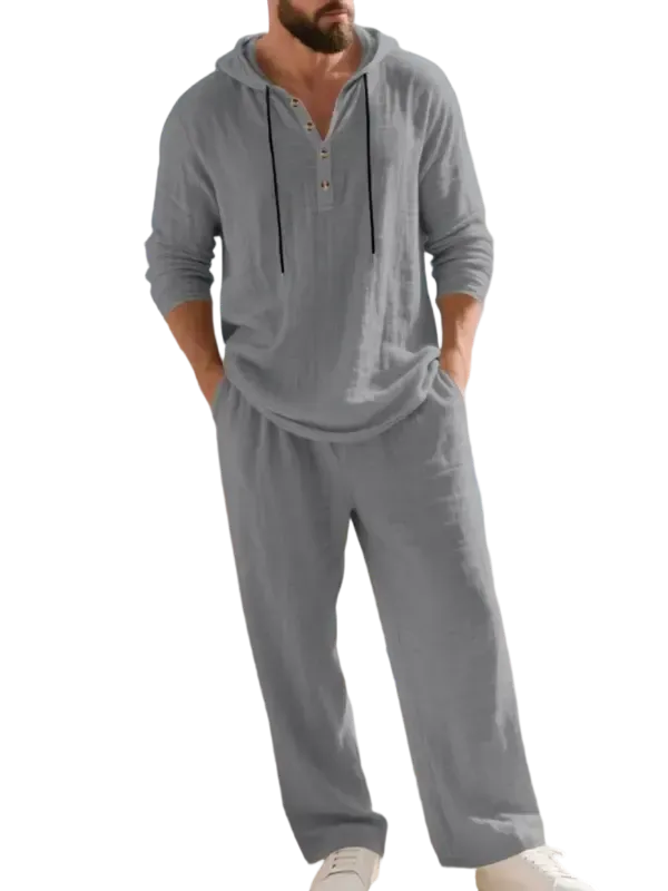 Men's fashionable linen hooded two-piece set, casual vacation style