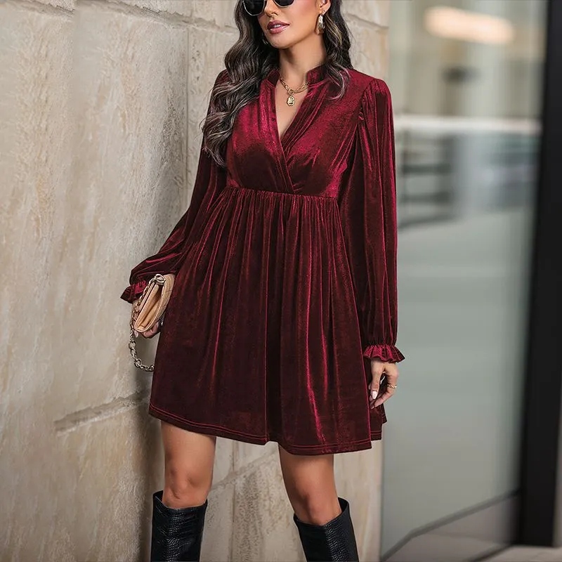 Women's V-Neck Long-Sleeve Velvet Ruffled Dress