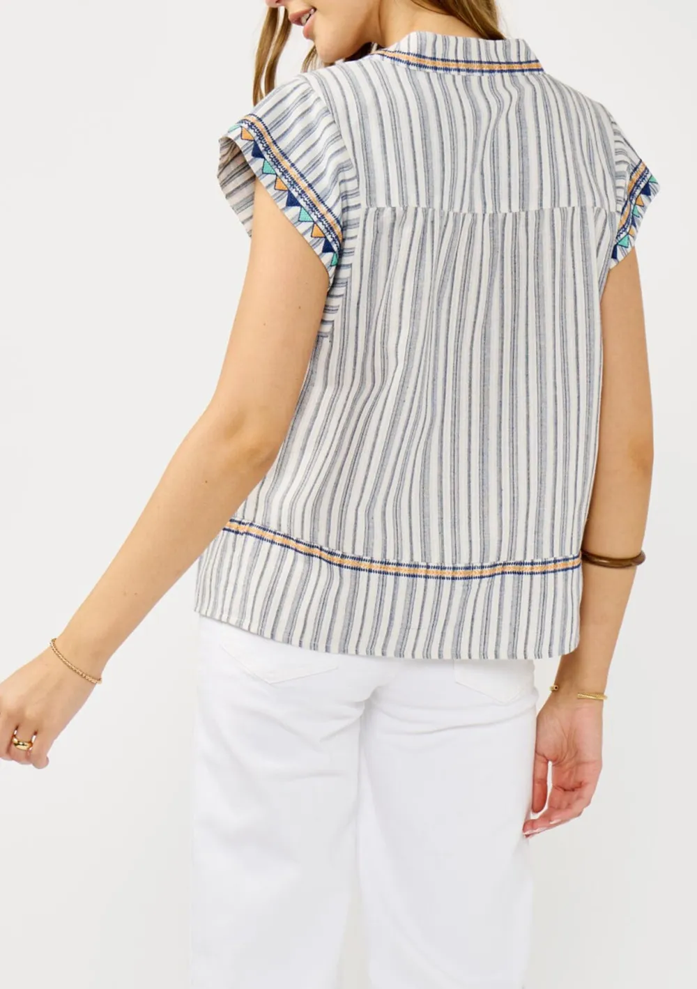 Embroidered Striped Crew Neck Blouse