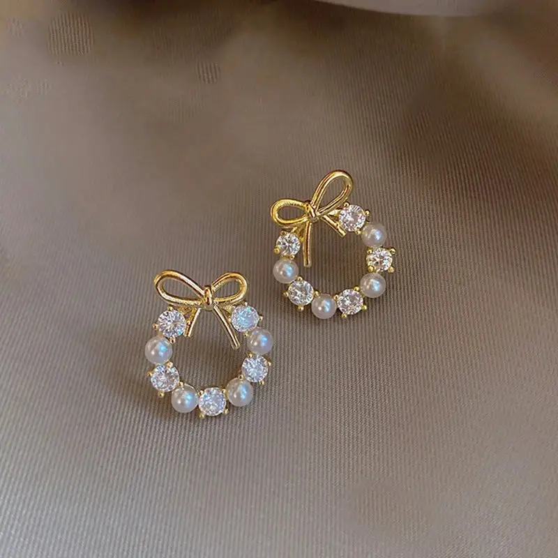 Zircon Pearl Stud Bow Detail Stud Earrings