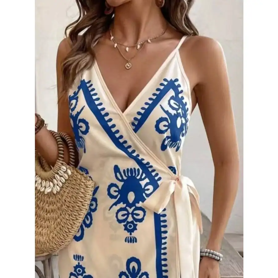 Print Spaghetti Strap Wrap Mini Dress