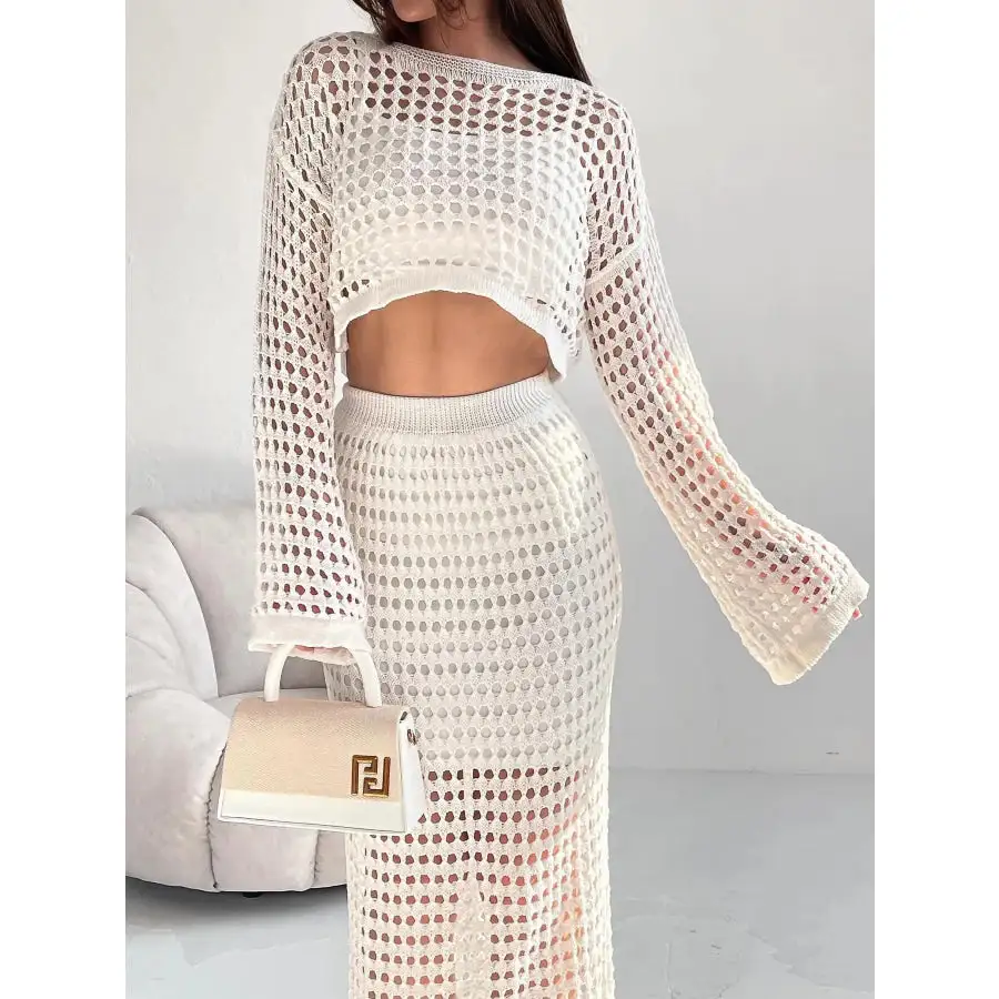 Hollow Out Long Sleeve Top and Skirt Knit Set