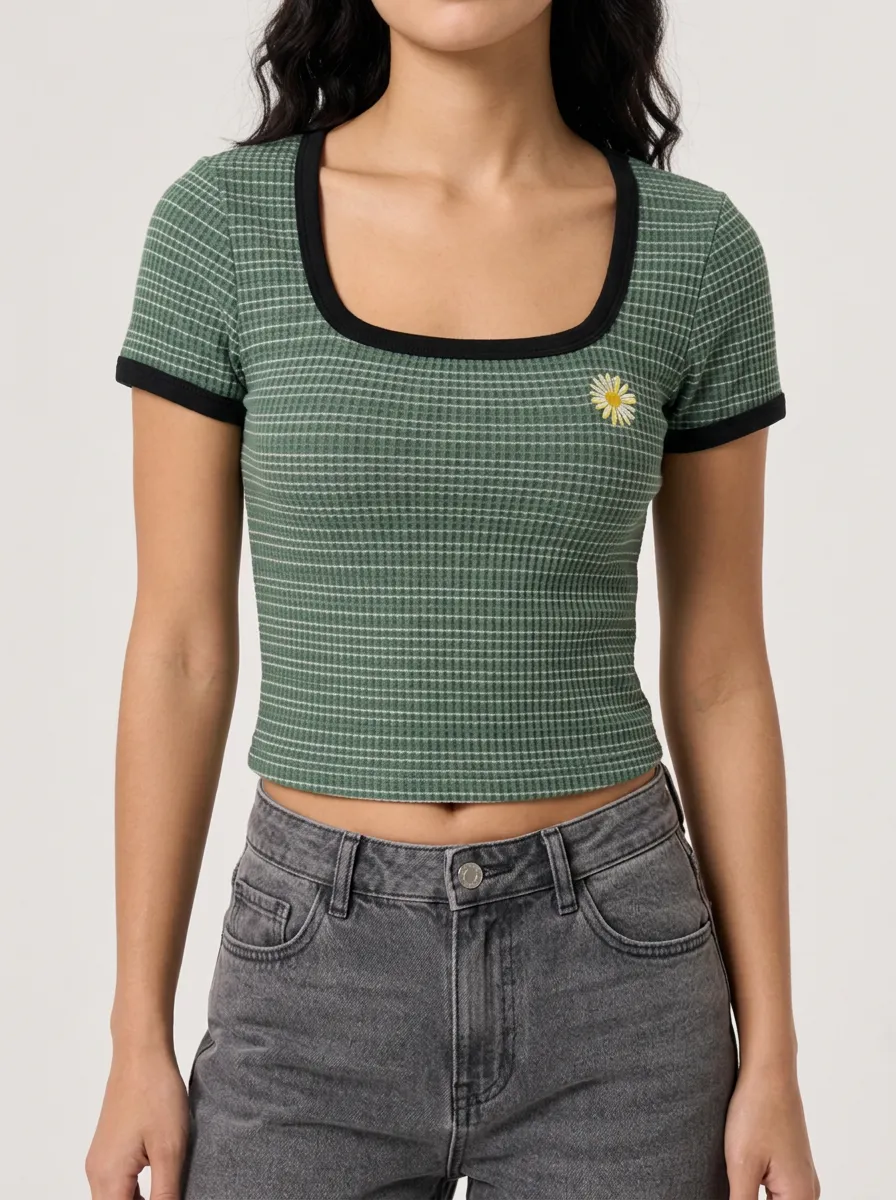 Women's Daisy Floral Green Waffle Knit Embroidered Crop Top
