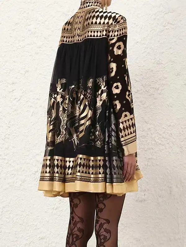 A Line Long Sleeve Bronzing Printed Split Joint Mock Neck Mini