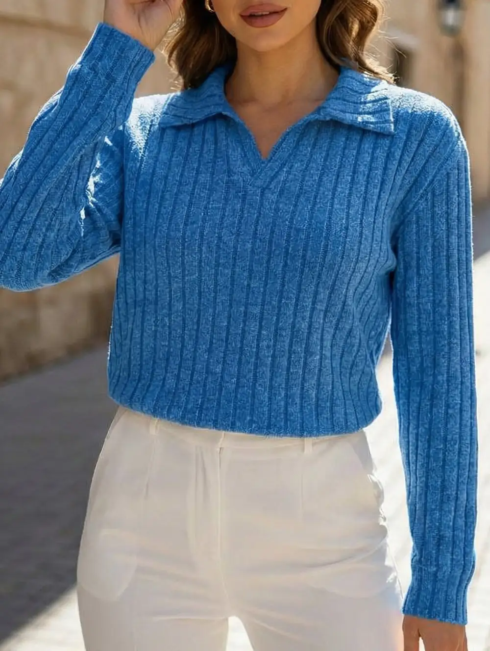 Plus Size Ribbed V-Neck Long Sleeve Tee