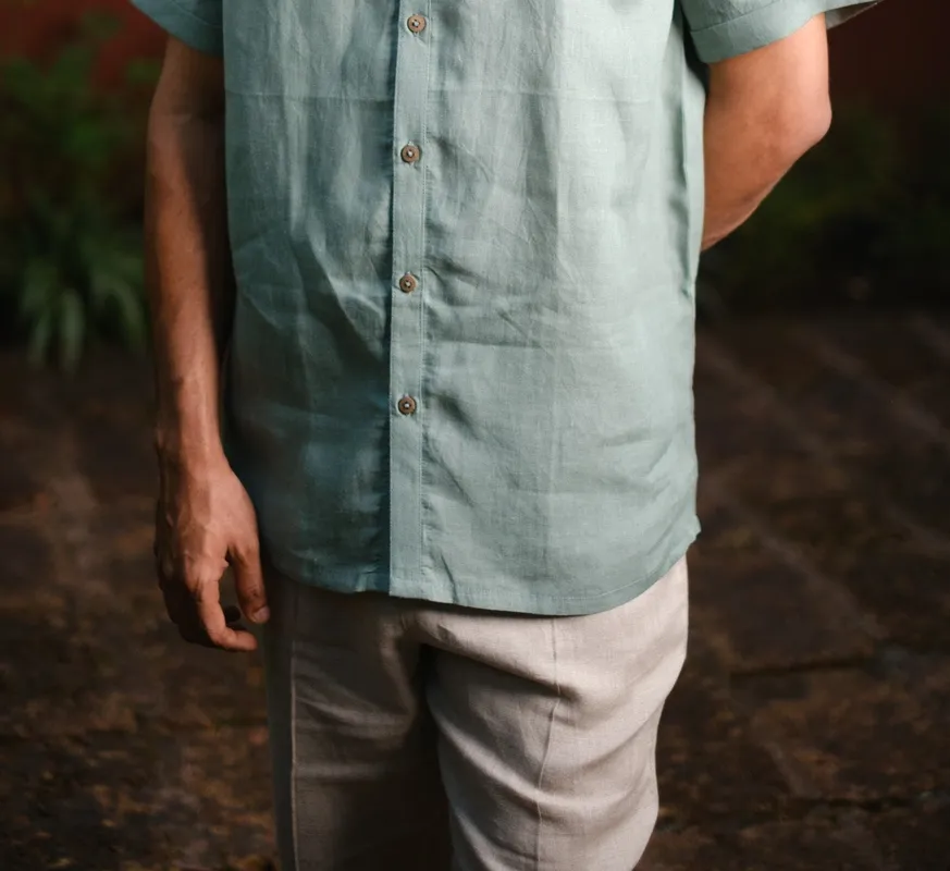 Sage Green Relaxed Linen V-Neck Shirt