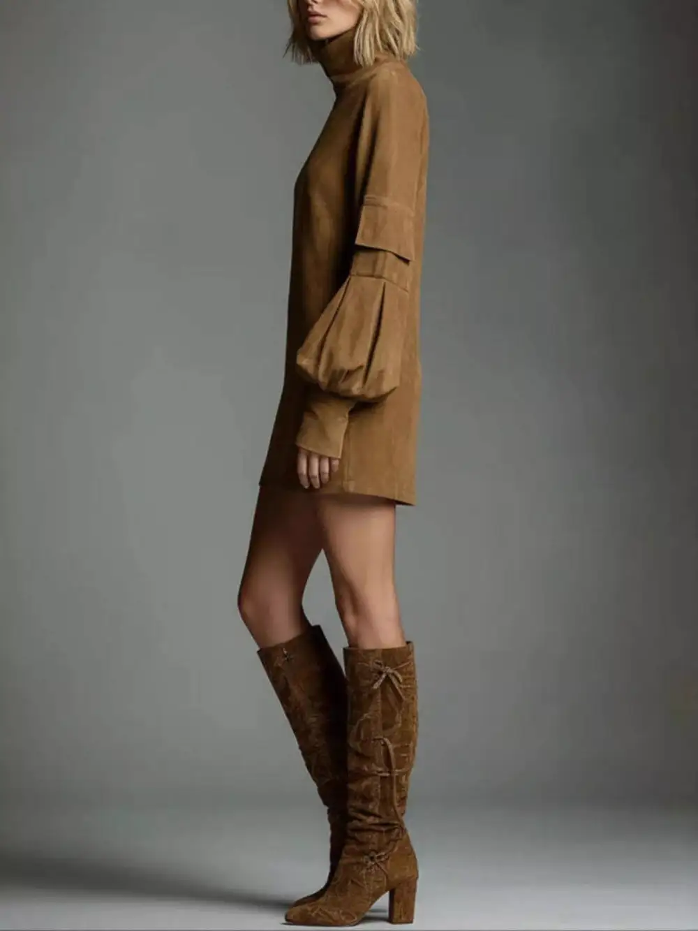 Pocketed Lantern Sleeve Mini Dress