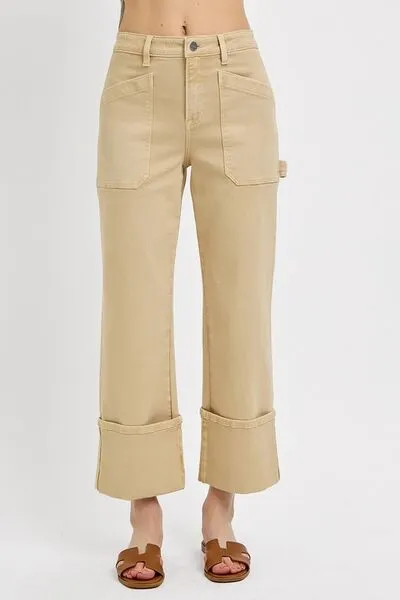 High Rise Wide Straight Cuffed Patch Denim Jeans