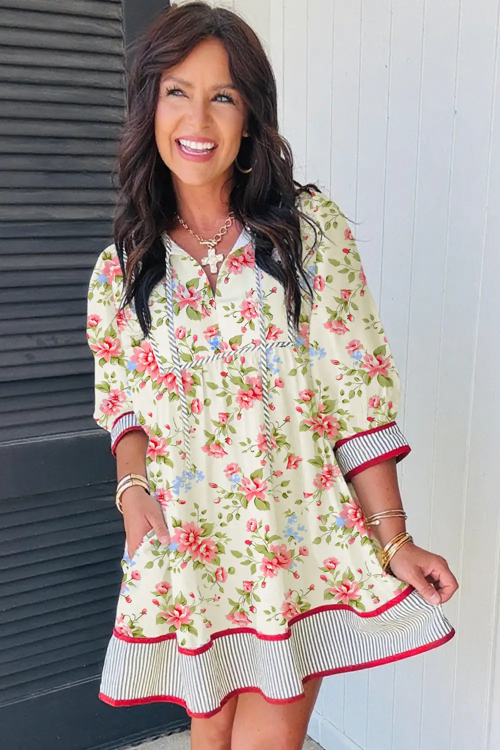 Relaxed Shape Floral Striped Puff Sleeve Dress