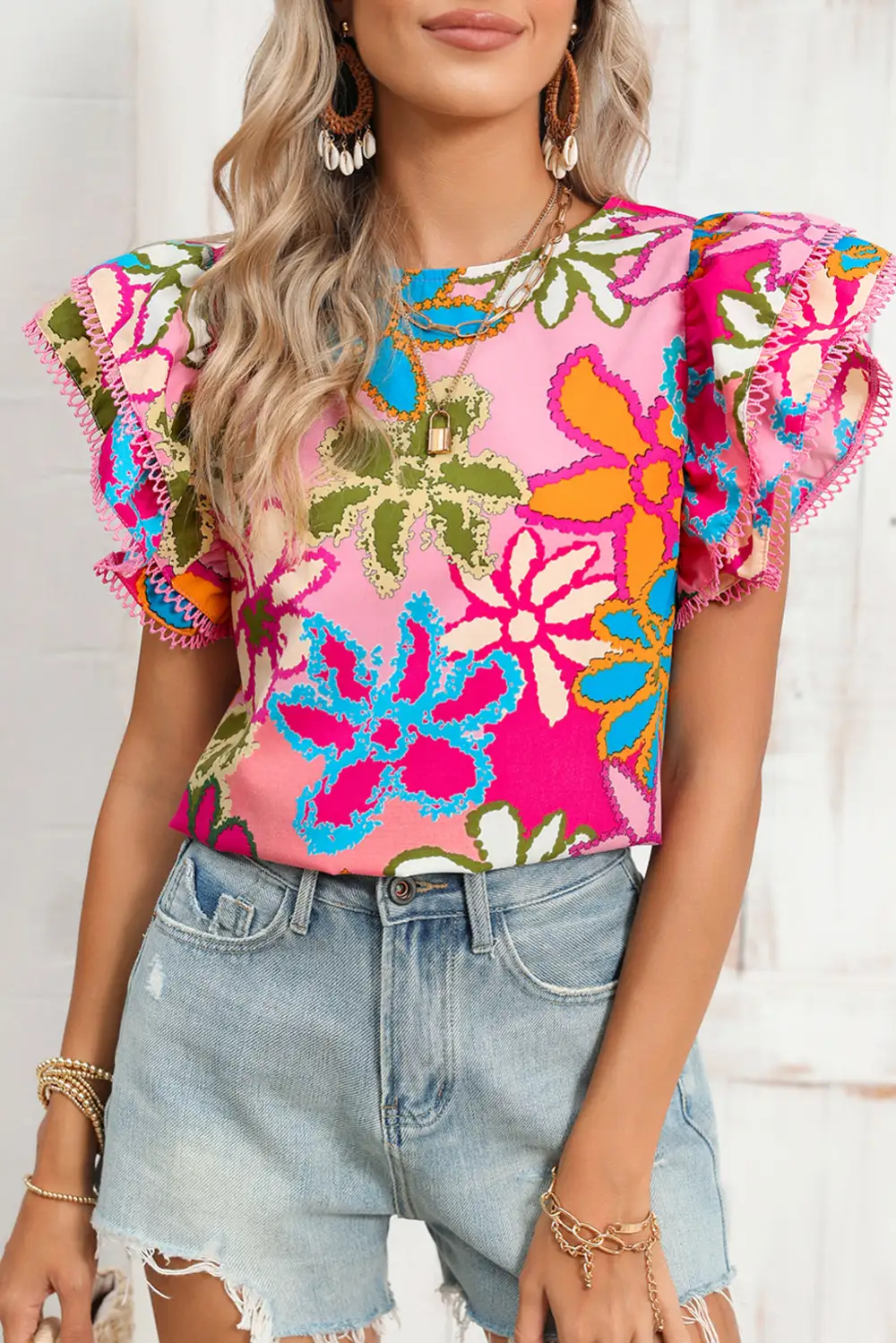 Relaxed Tie Detail Ruffle Trim Blouse