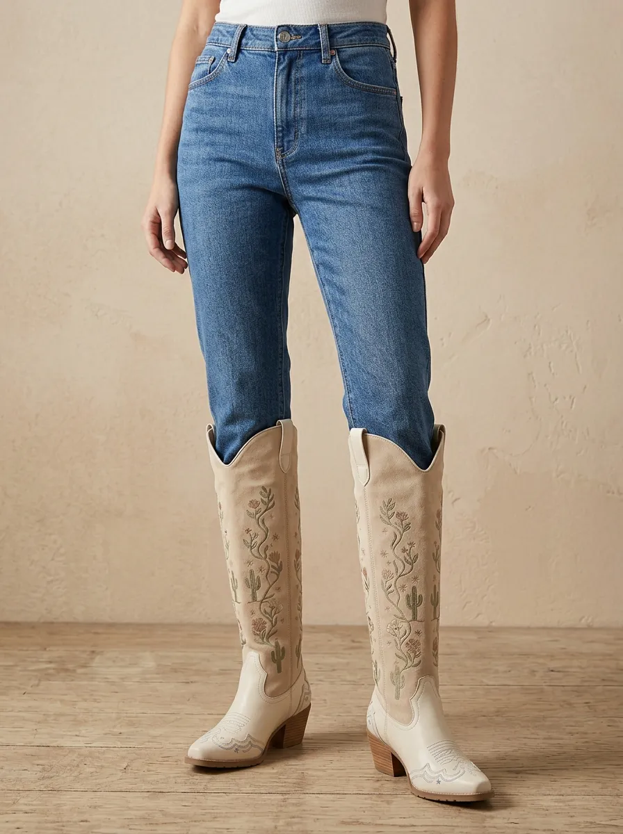Women's Western Cactus Floral Wing Embroidered Pointed-Toe Block-Heel Denim Over-the-Knee Boots