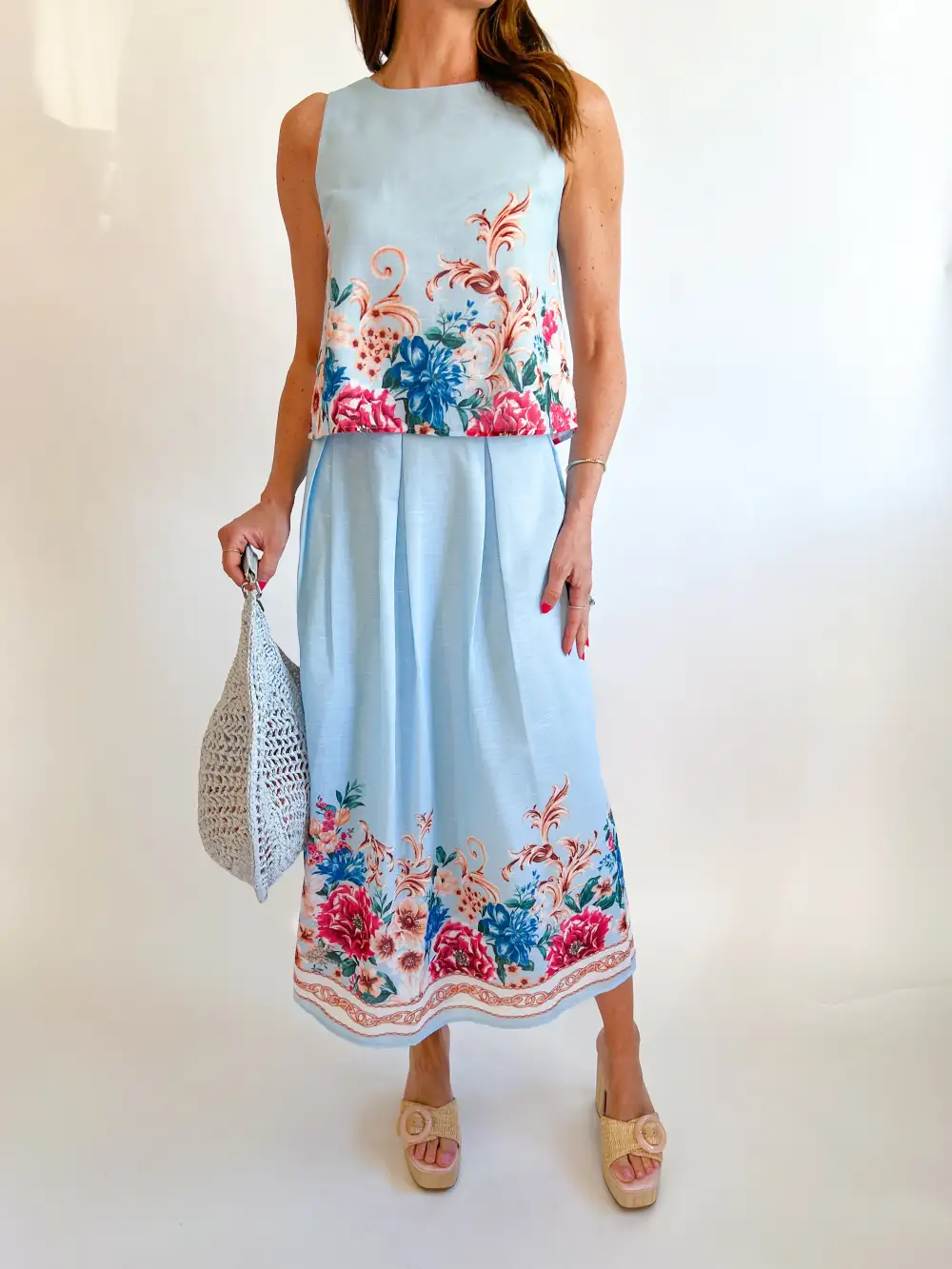 Floral Top And Skirt Set Button Detail