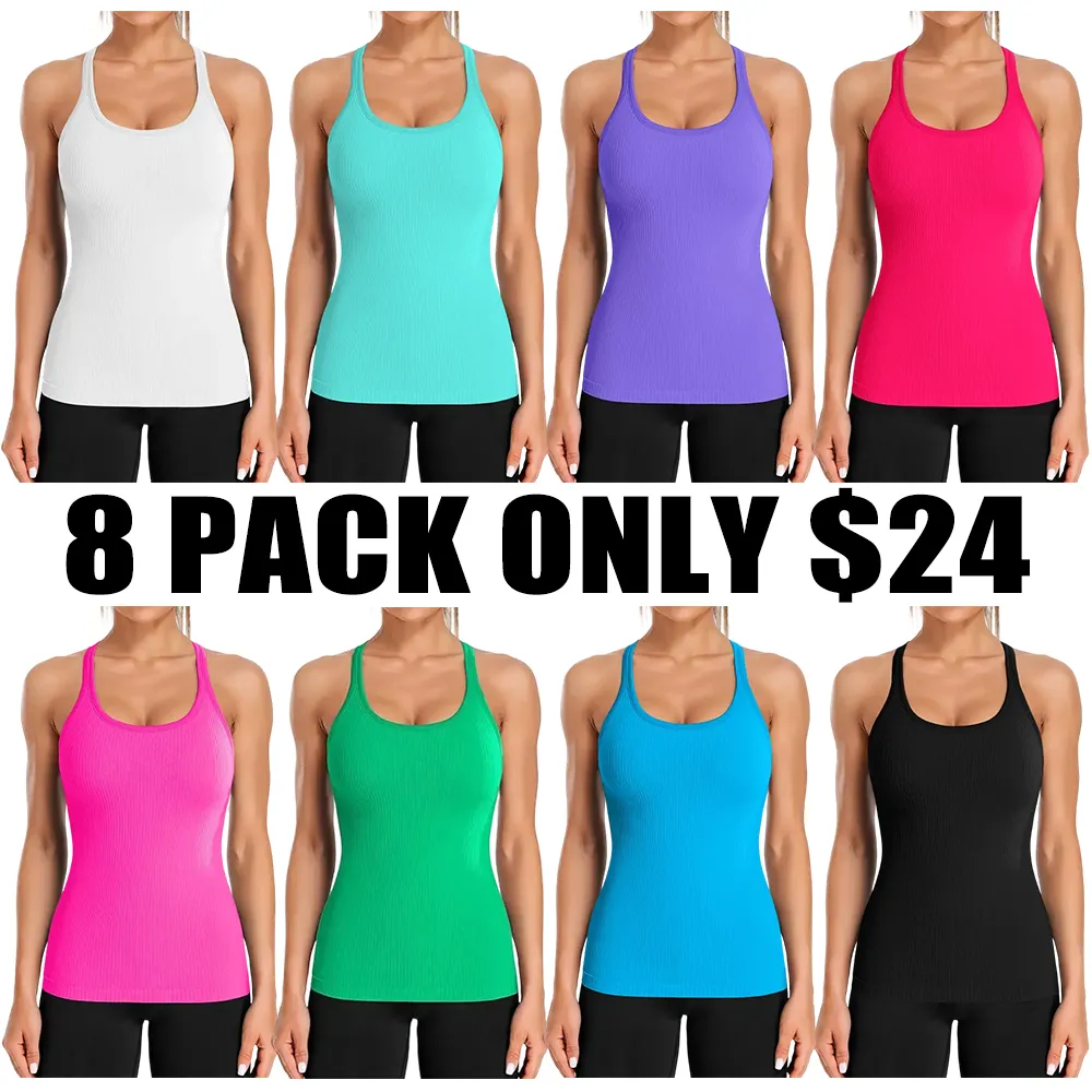 Ribbed Workout Tank Tops for Women with Built in Bra Tight Racerback Scoop Neck Athletic Top