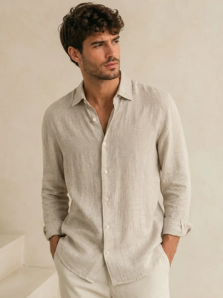 Men's Beige Long-Sleeve Button-Down Shirt with Textured Detail