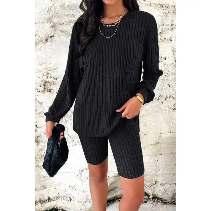 Ribbed Round Neck Dropped Shoulder Top and Shorts Set