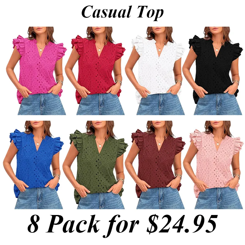 9PACK-Women Summer Eyelet Tops Dressy Casual V-Neck Ruffle Cap Sleeve Cotton Boho Shirts