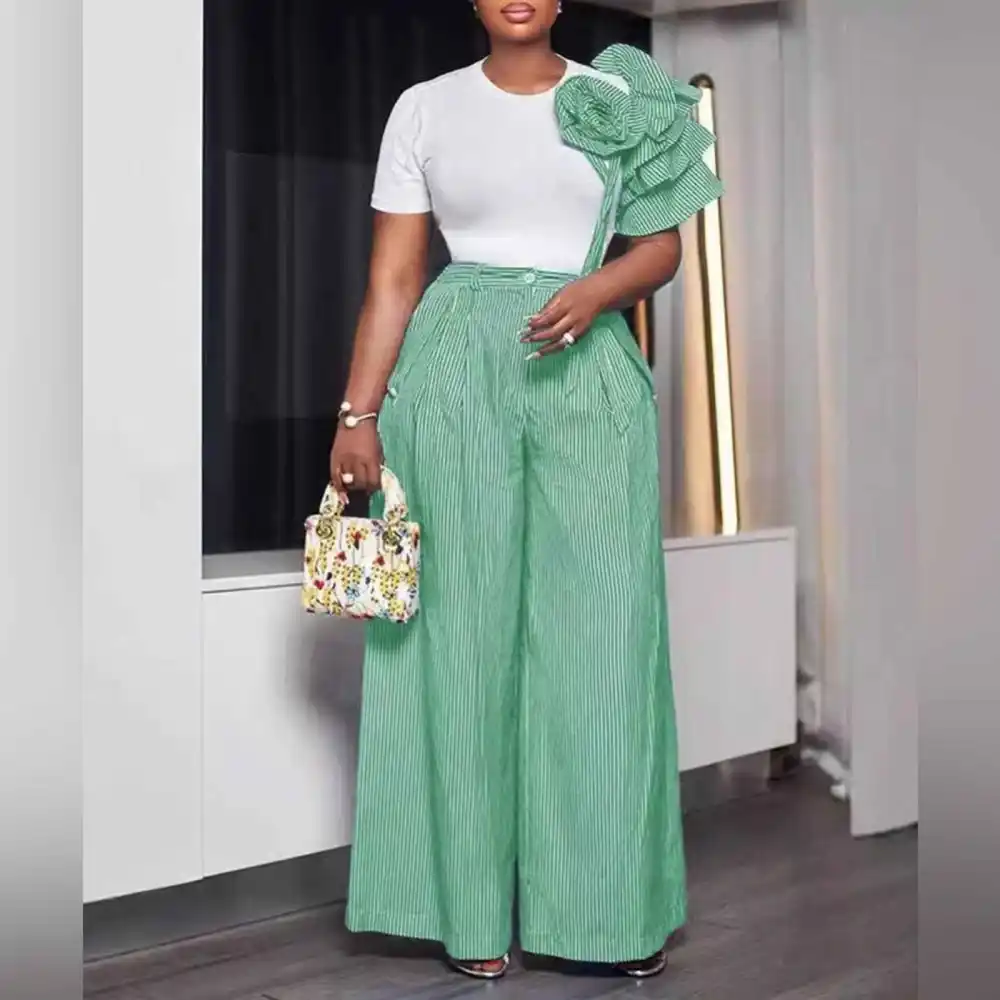 Everyday Crew-neck Short-sleeved Striped Wide-leg Pants Palazzo Set
