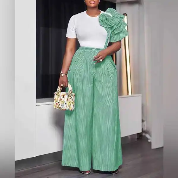 Crew-neck Short-sleeved Striped Wide-leg Pants Palazzo Set