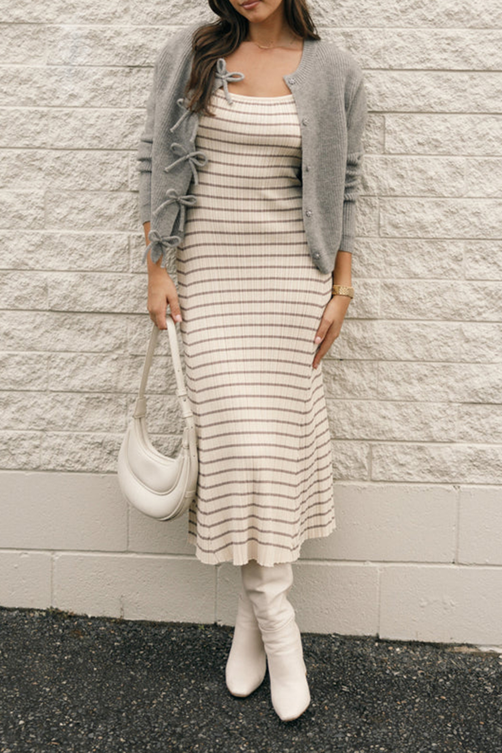BLACK BEIGE STRIPED MIDI DRESS
