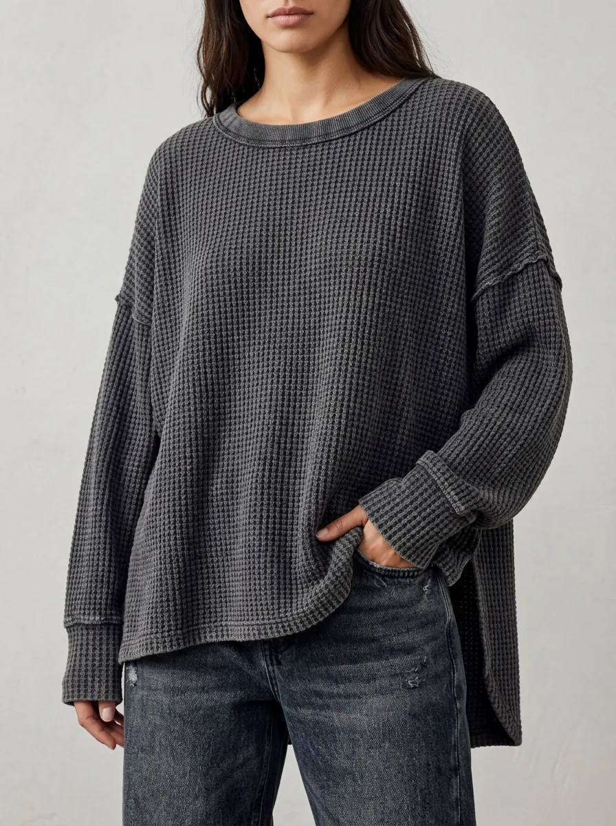 Women's Casual Oversized Charcoal Waffle Knit Long Sleeve Top