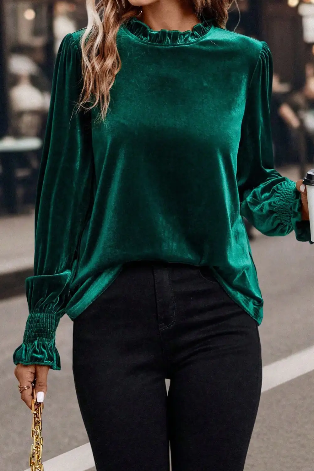 Velvet Frilled Puff Sleeve Blouse
