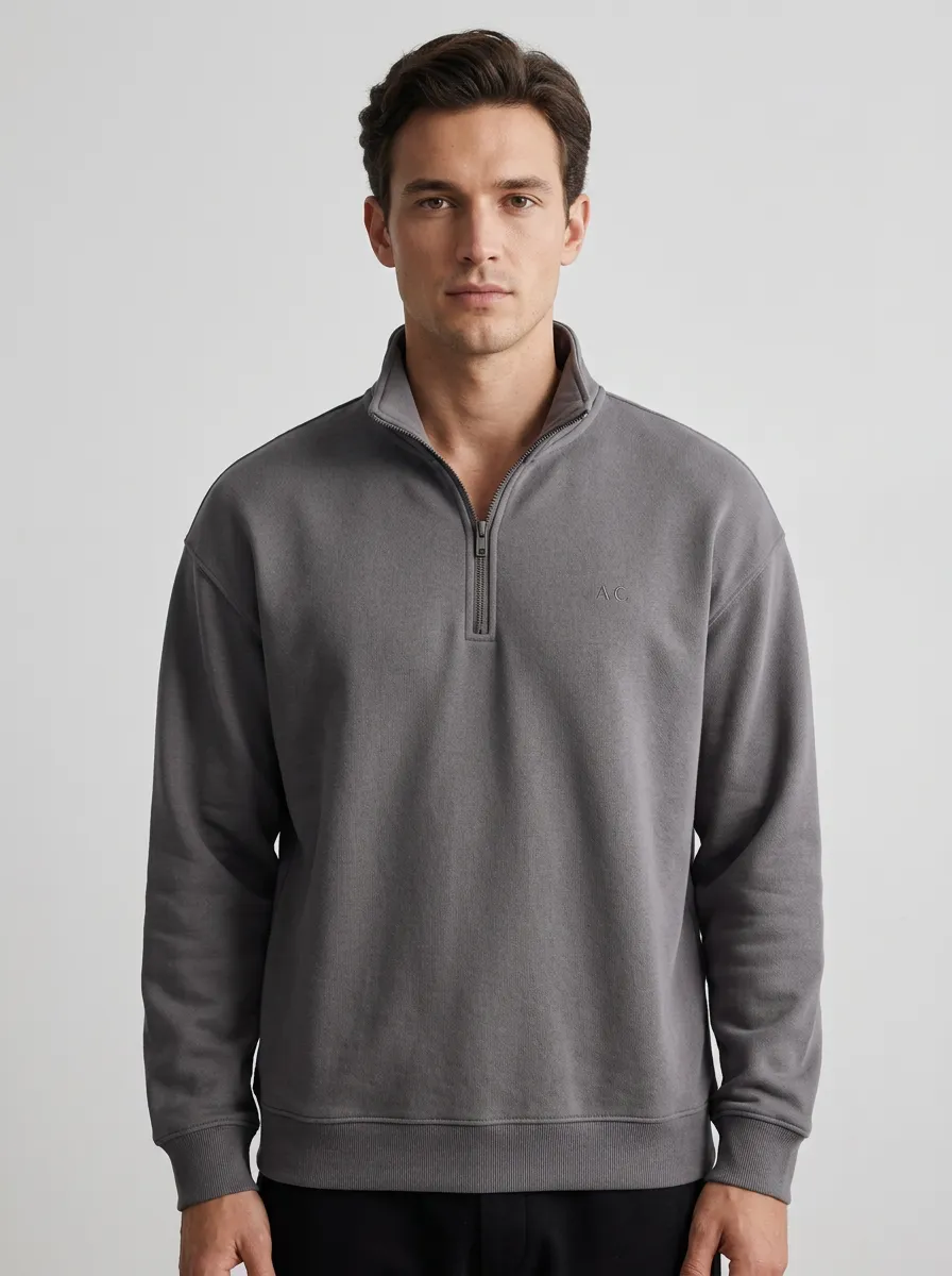 Men's Minimalist Embroidered Stand-Collar Quarter-Zip Sweatshirt