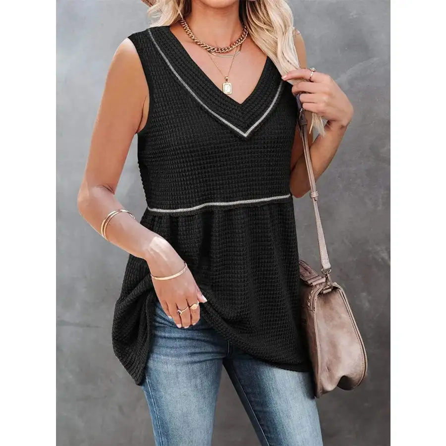 V Neck Waffle Knit Tank Top With