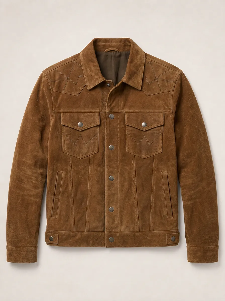 Men's Western Style Brown Suede Stitched Trucker Jacket