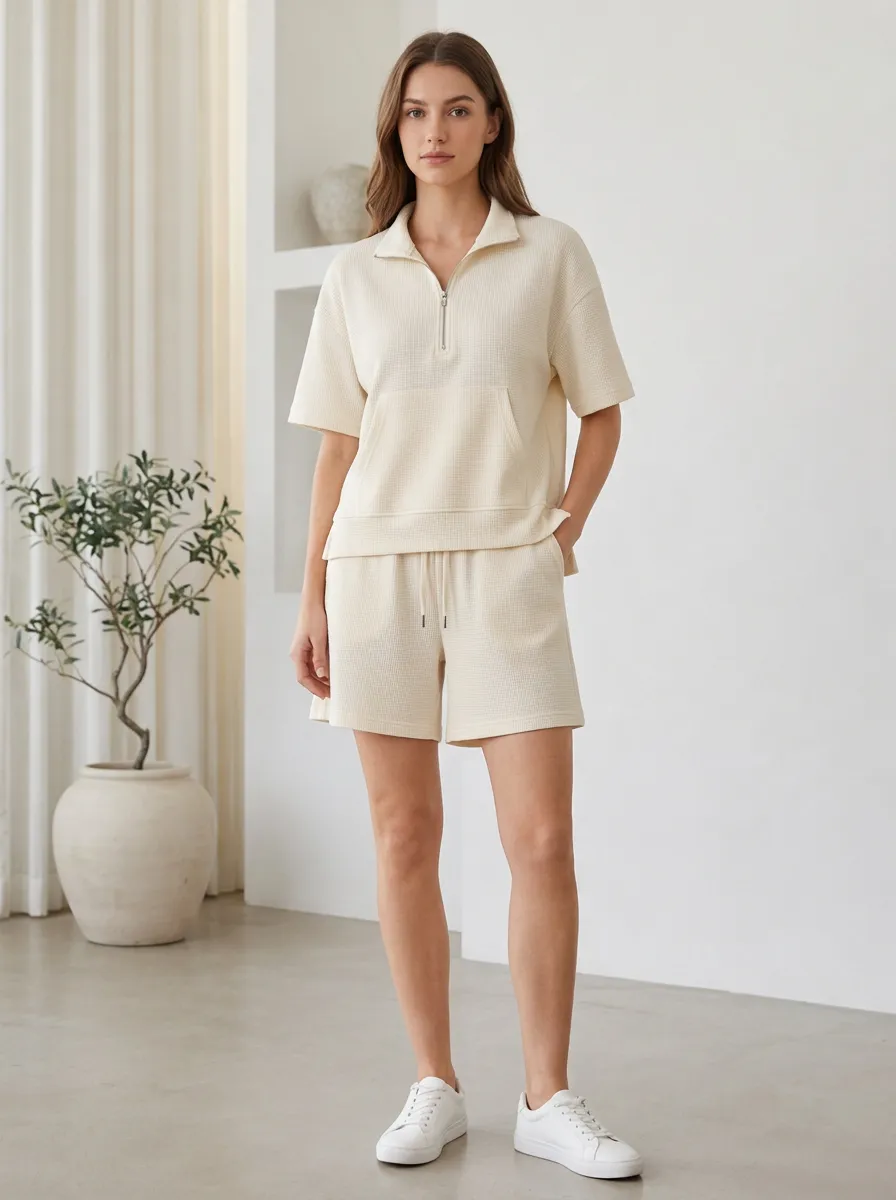 Women's Casual Lounge Waffle Knit Quarter-Zip Shorts Set