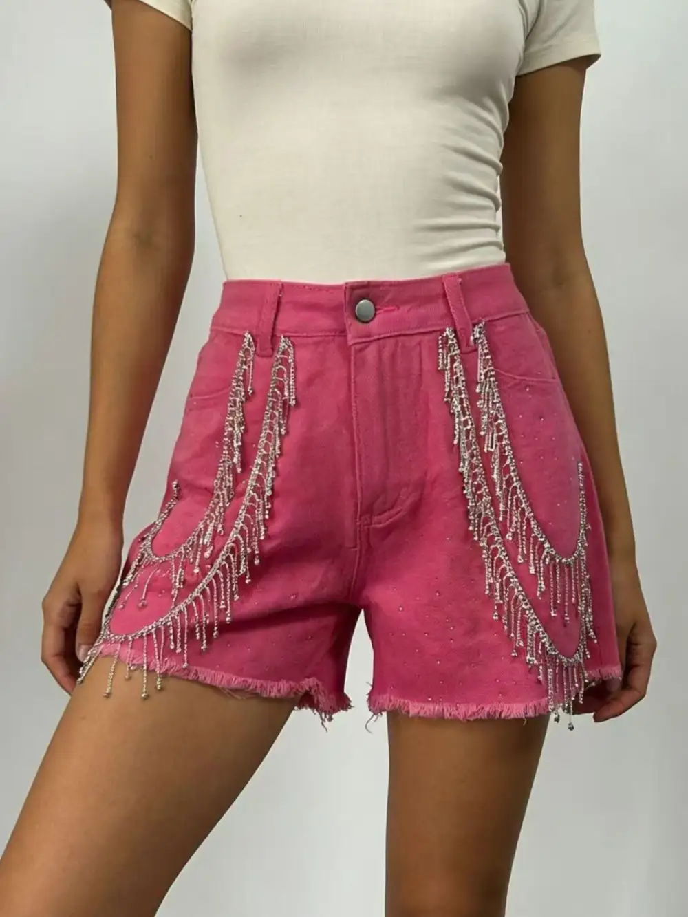 Raw Hem Rhinestone Detail Denim Shorts
