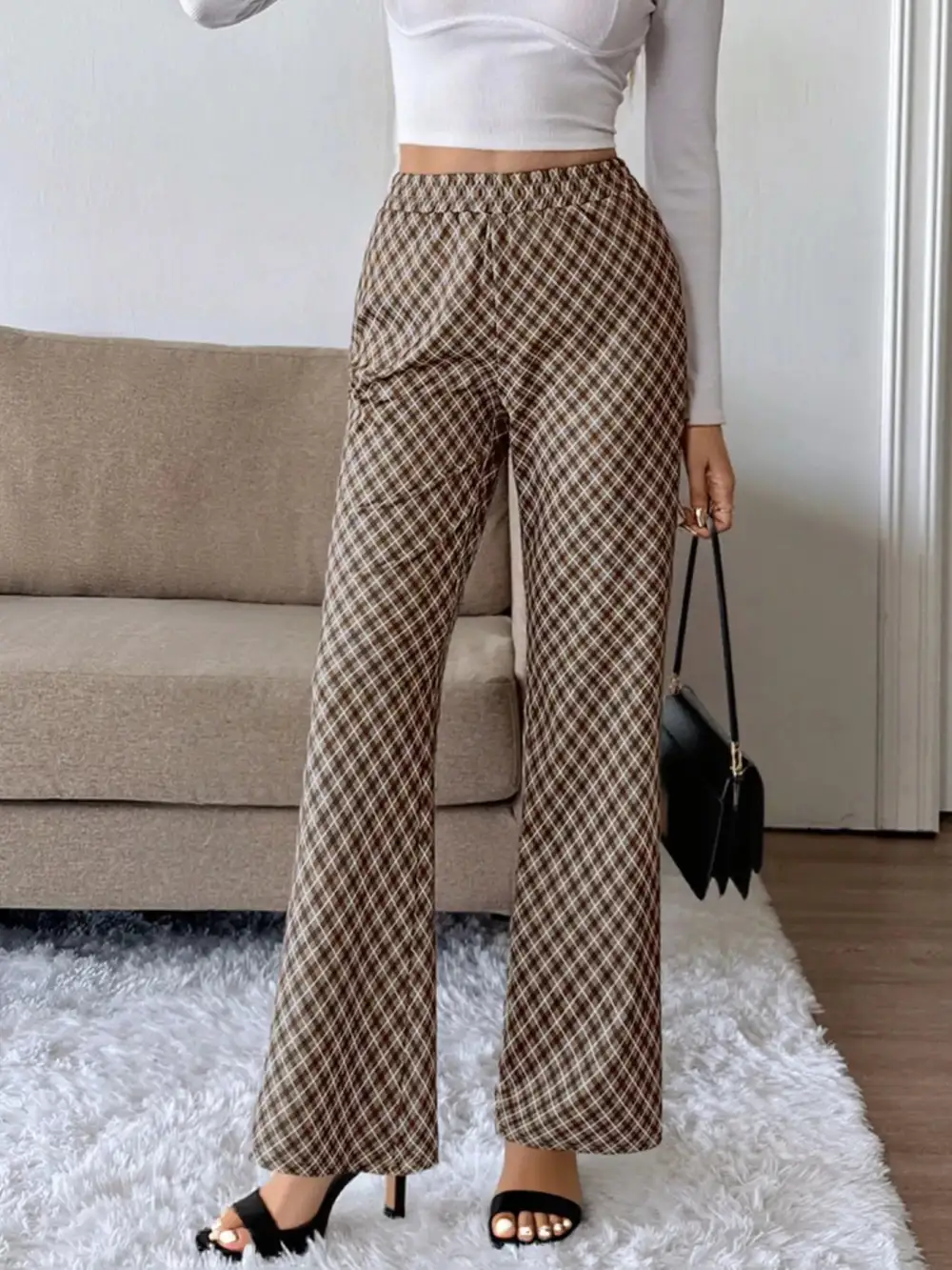 Relaxed Plaid High Waist Wide Leg Pants