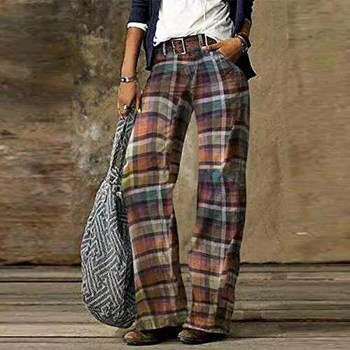 Wide Leg Denim Pants for Women, Camouflage Plaid Patchwork Print Streetwear Casual Comfort Straight Jeans Trouser
