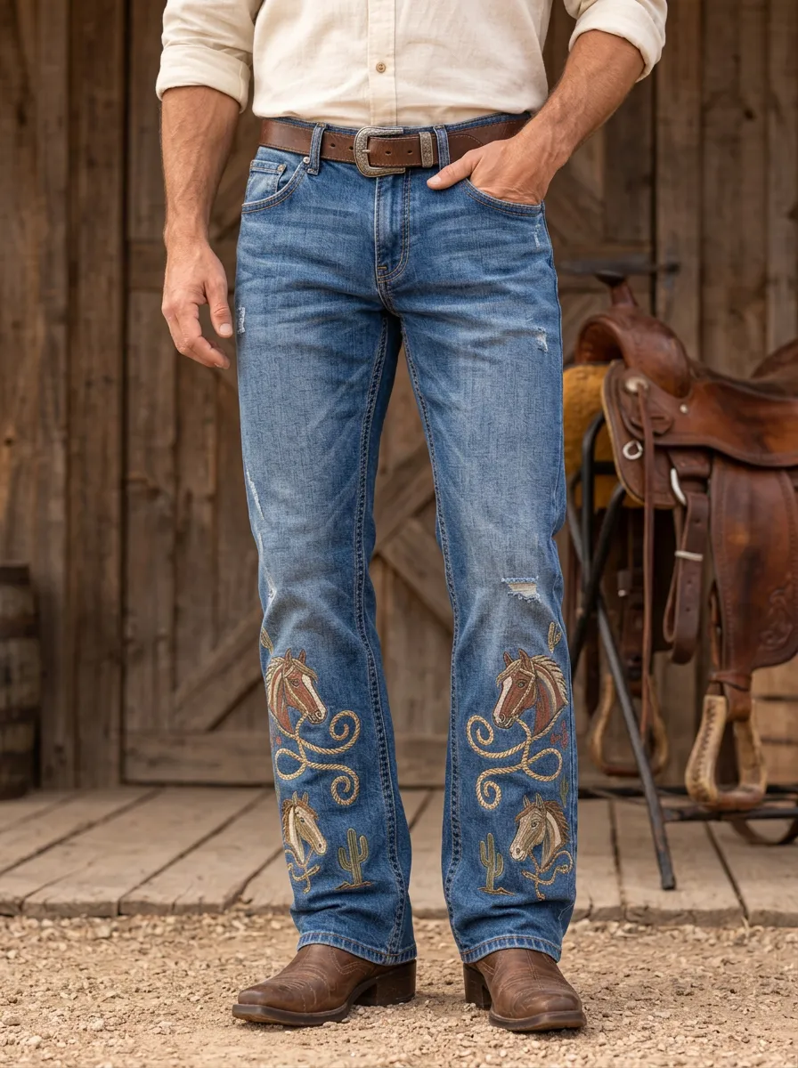 Men's Western Cowboy Horse Cactus Embroidered Printed Jeans