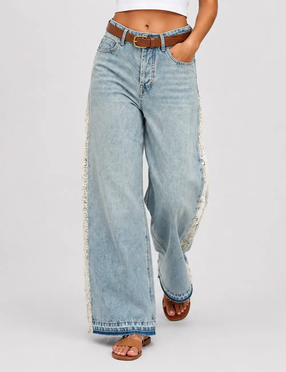 Lace Panel Washed Jeans Wide Leg Denim Pants