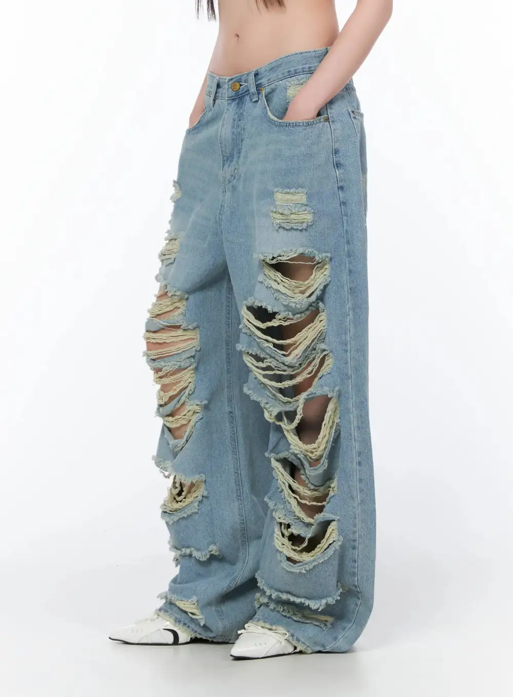 Denim Distressed Wide Leg Jeans