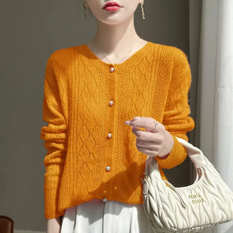Merino-Wool Wool Pearl-Button Crew-Neck Cardigan