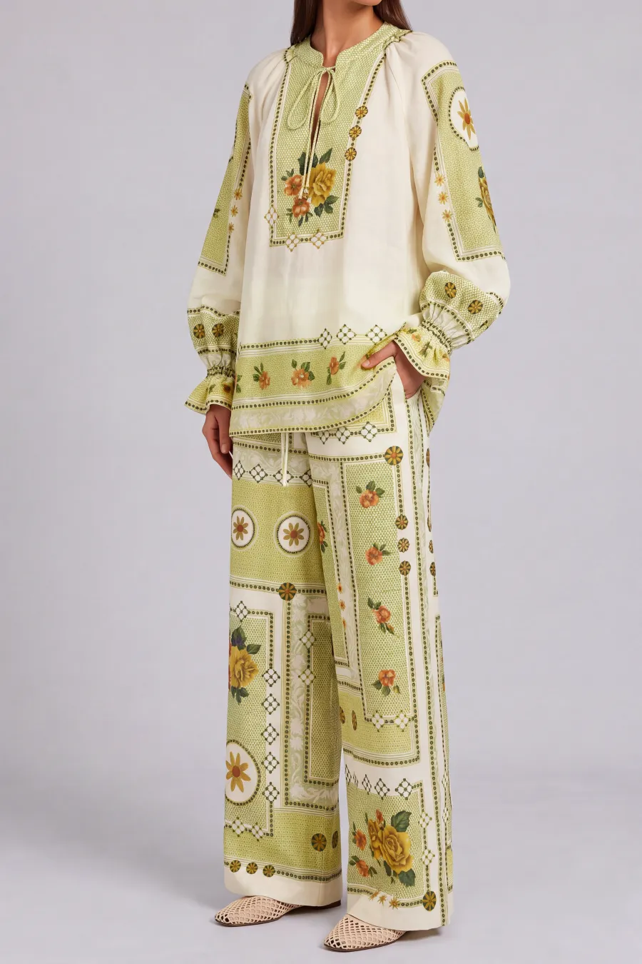 Tie Detail Floral Printed Matching Pants Set