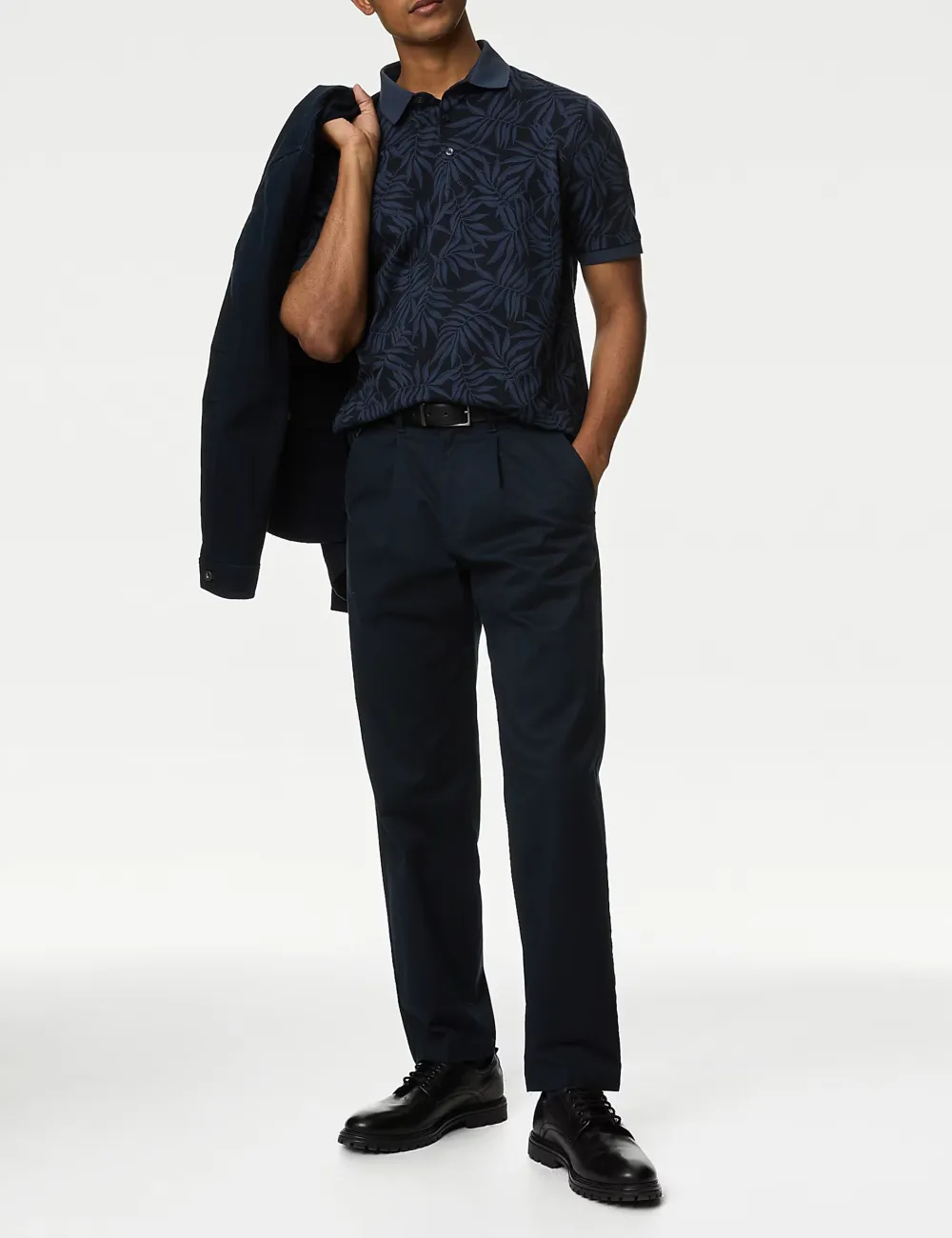 Navy Leaf Print Pure Cotton Polo Shirt